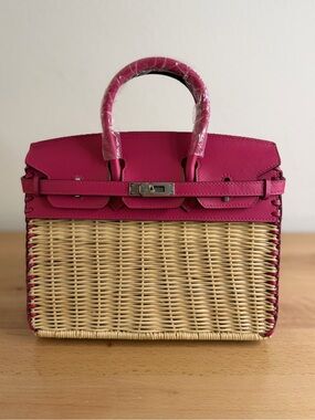 Woven Straw Pink HANDMADE H Birkin 25 Picnic Framboise Osier Wicker Swift PHW